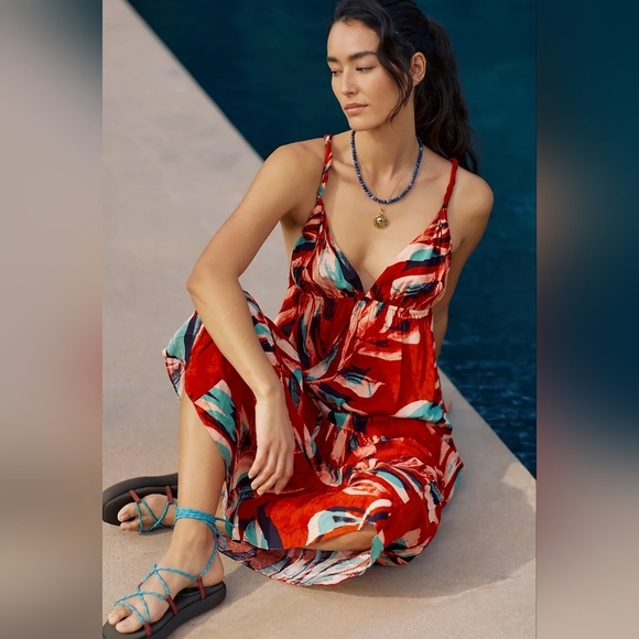 Anthropologie Red and Blue Midi Dress - Picture 2 of 14